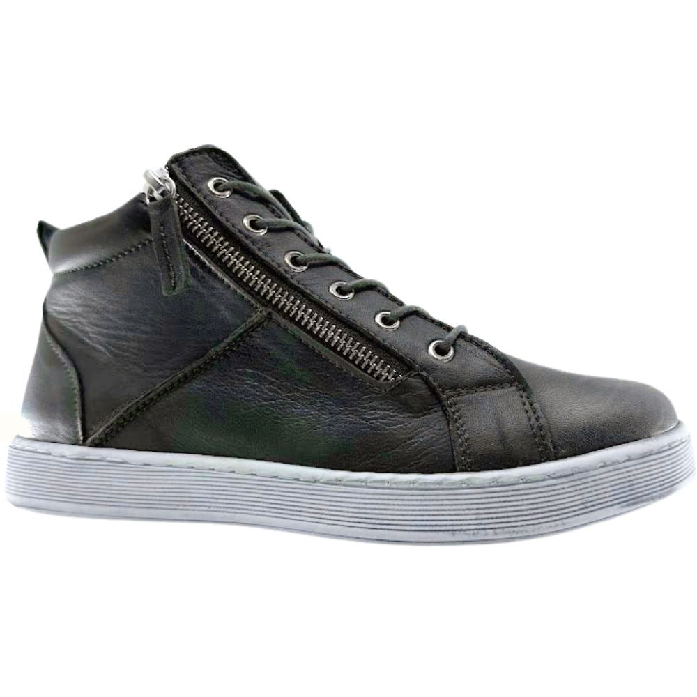 Khaki high-top sneaker boot with a zipper on a white background