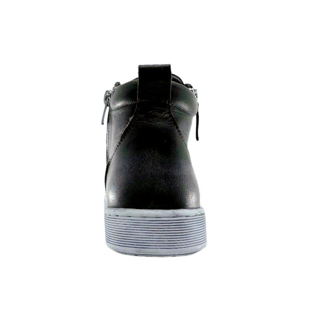 Khaki leather sneaker boot with a white sole on a white background