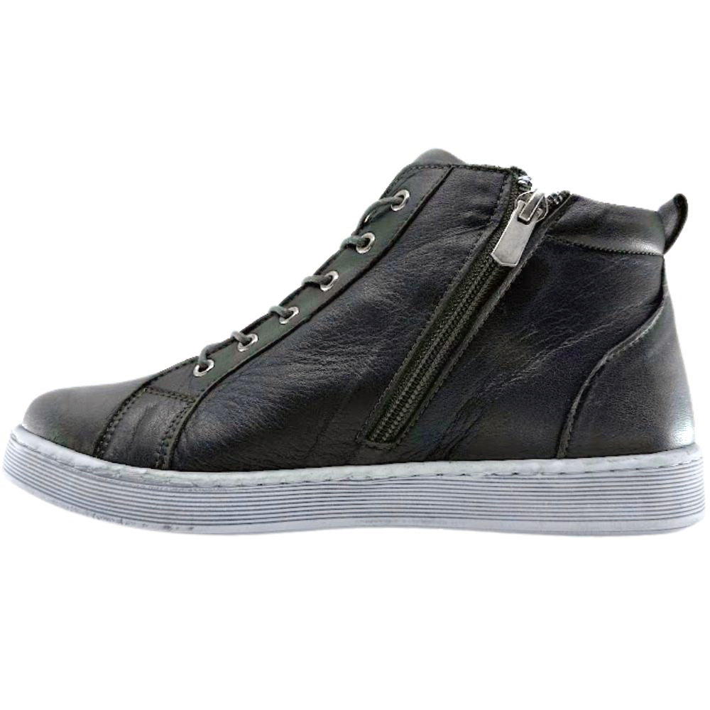 Khaki leather high-top sneaker boot with zippers on a white background