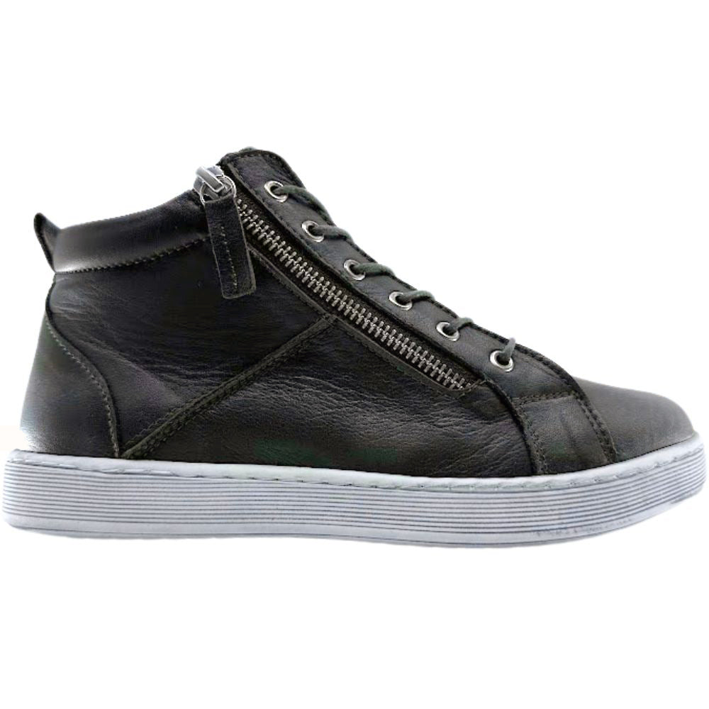 Khaki ankle sneaker boot with side zip and laces on a white background