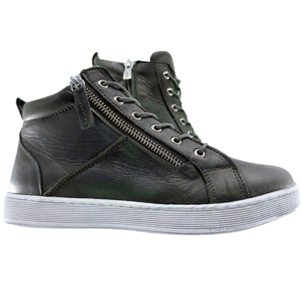 Khaki high-top sneaker boot with a front zipper on a white background
