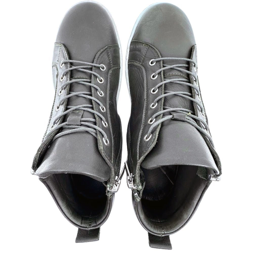 Pair of khaki high-top sneaker boots with zippers on a white background
