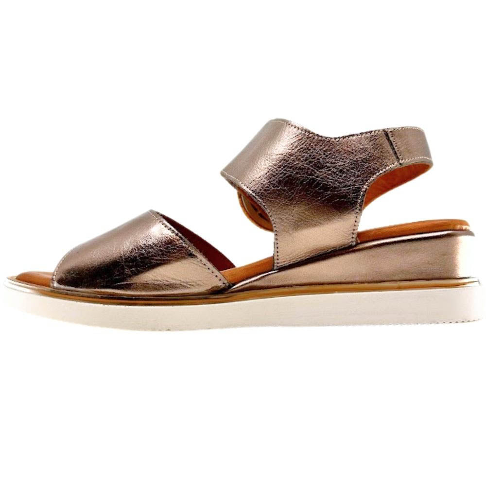 A metallic bronze leather wedge sandal, shown in a side profile against a white background.