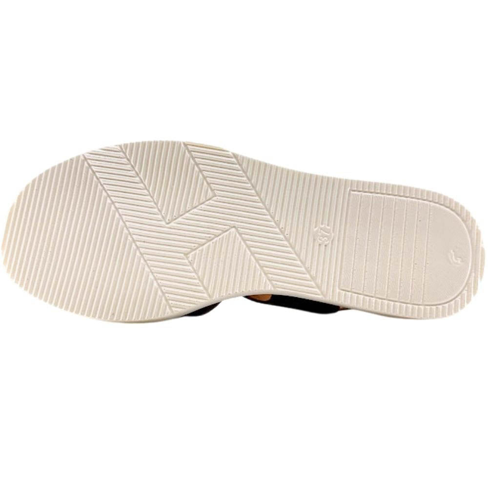 The bottom sole of sandal, featuring a cream-colored rubber tread with a geometric chevron pattern, shown against a plain white background.