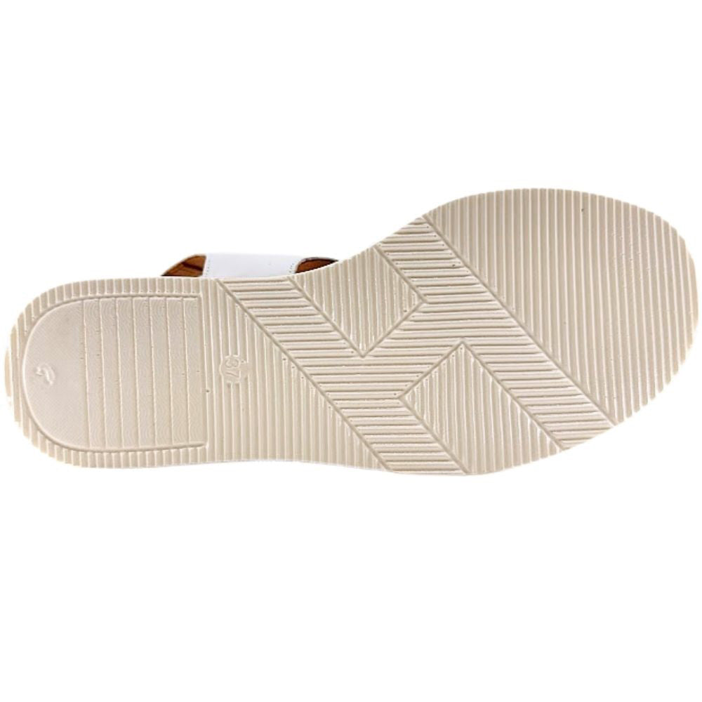 A close-up top-down view of a sandal's cream textured outsole, showing a herringbone pattern against a white background.
