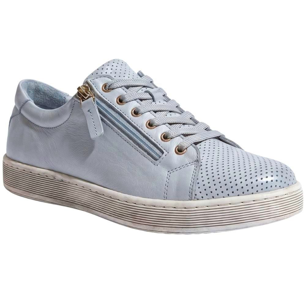 A pale blue lace-up sneaker with an outer zip entry and perforated details, on a white background.