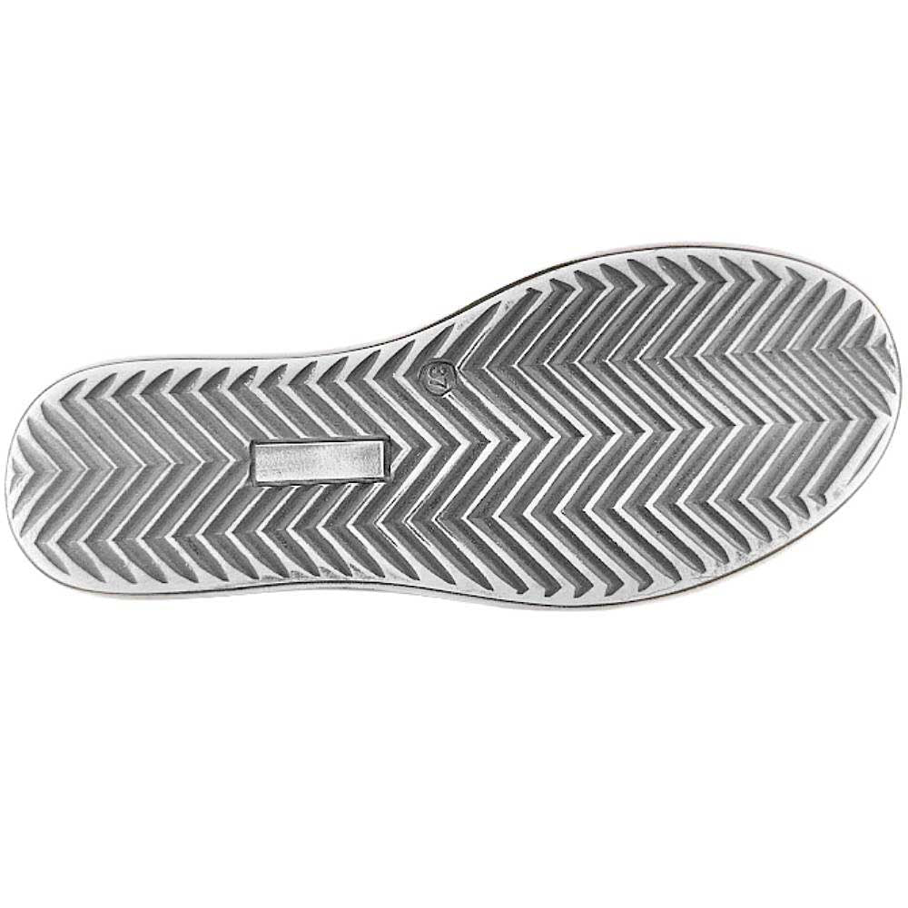 The off-white and grey sole of a sneaker with a chevron pattern, against a white background.