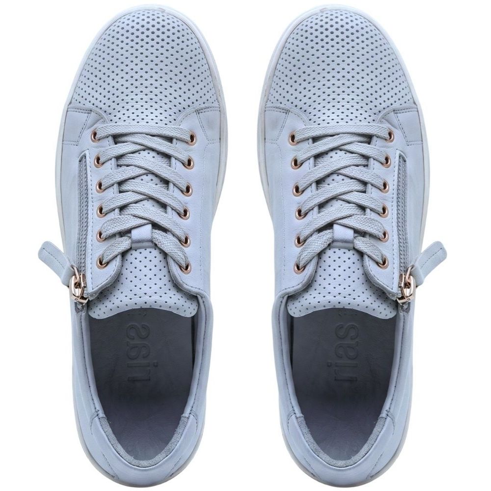 A top-down perspective of a pale blue pair of lace-up sneakers with an outer zip on a white background.