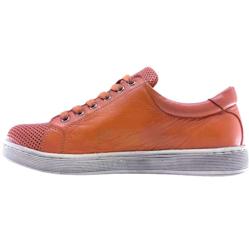 Orange leather sneaker on a white background