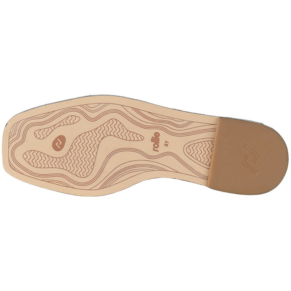 Close-up of a shoe sole with brand logo on a white background
