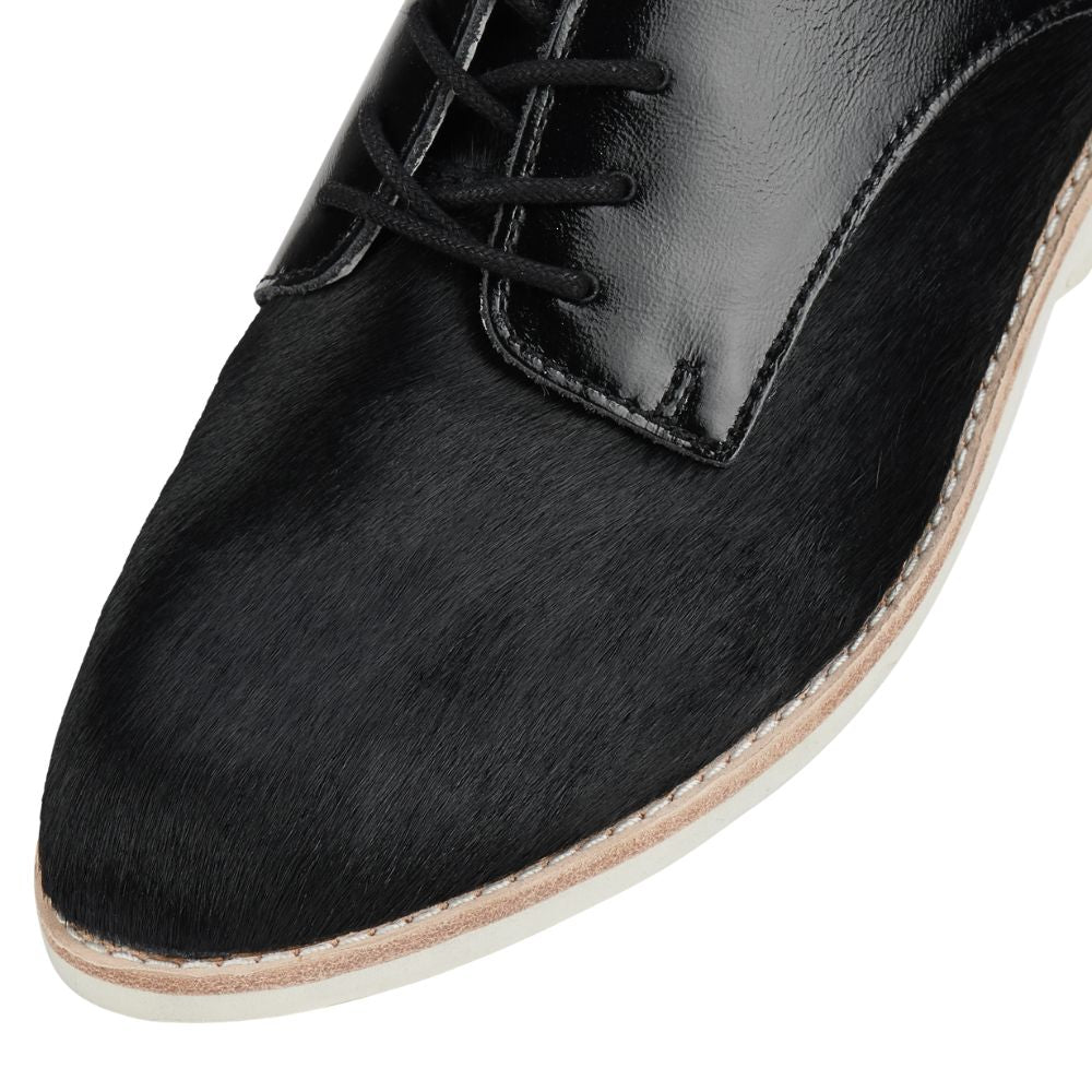 Black patent and pony leather shoe with black laces on a white background