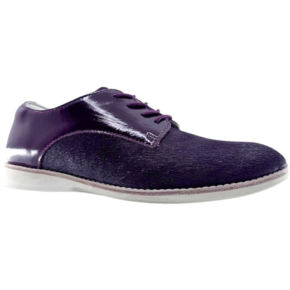 Cherry lace up shoe with white sole on a white background