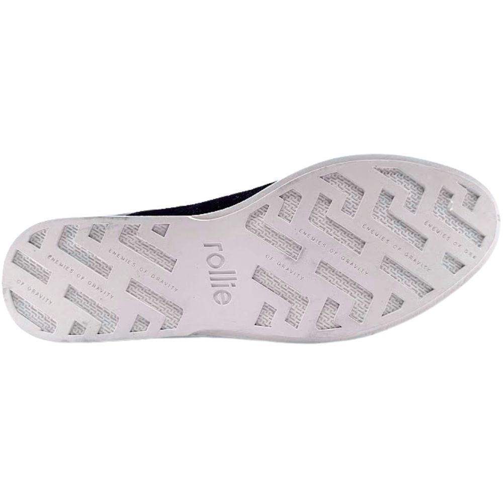 Close-up of a shoe sole with 'rollie' branding on a white background