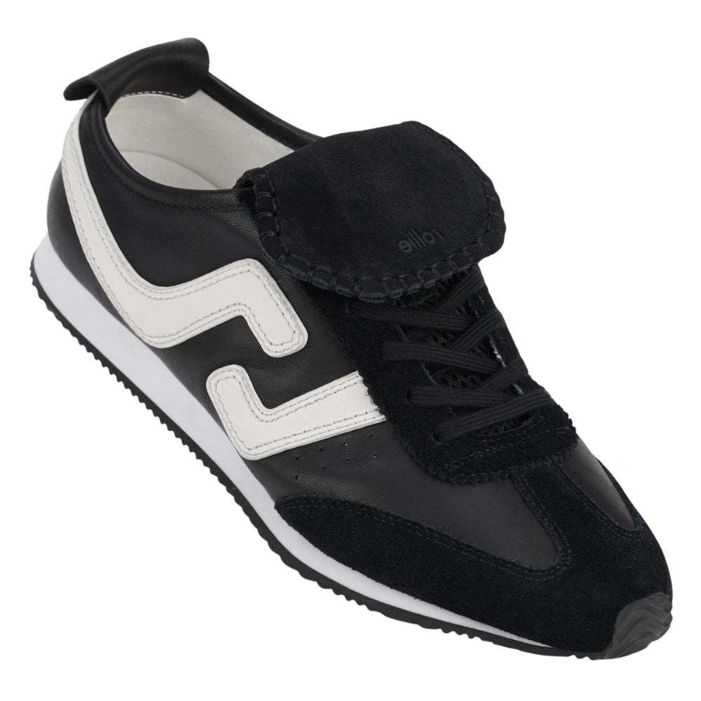 Black and white sneaker with white stripes on a white background