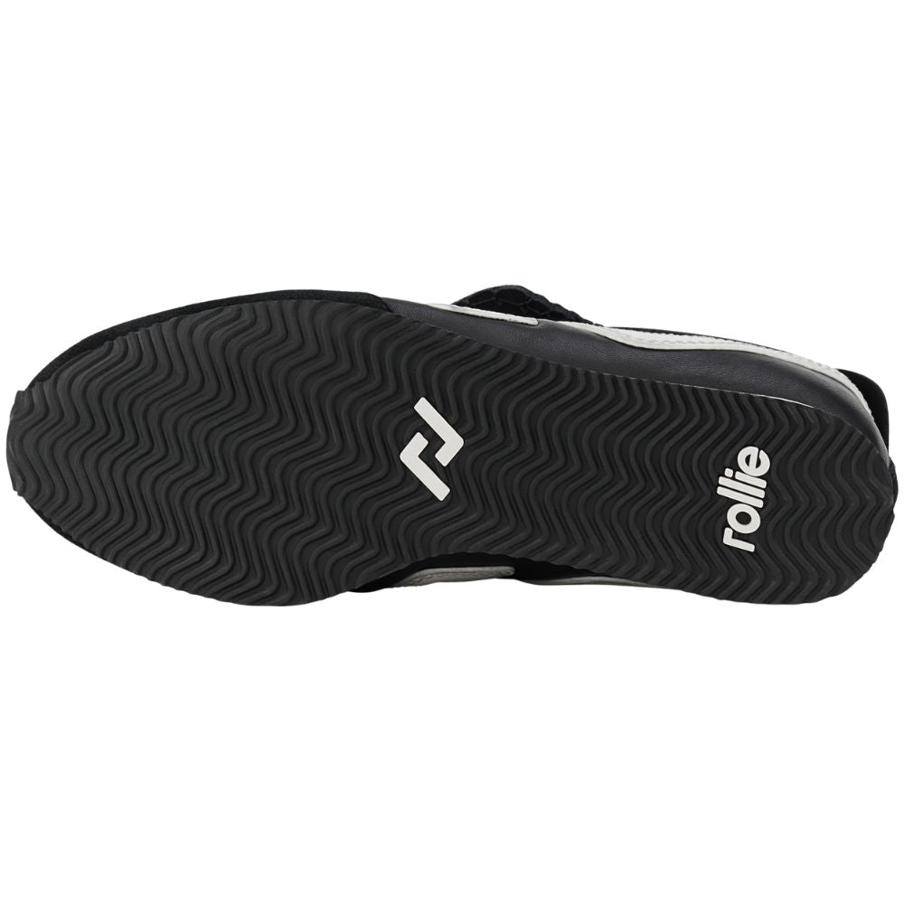 Black and white athletic shoe with 'Rollie' branding on a white background