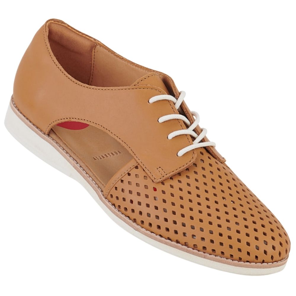 A tan leather lace-up shoe with a perforated toe cap, cut-out side panels and a white sole, shown in an angled profile view against a white background.