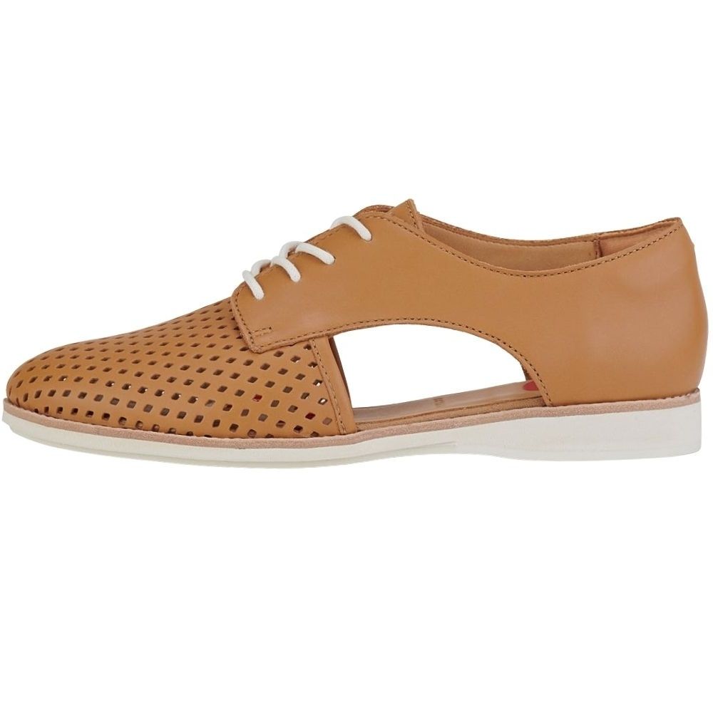 A tan leather lace-up shoe with a perforated toe cap, cut-out side panels and a white sole, shown against a white background.