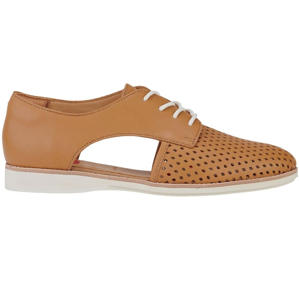 A tan leather lace-up shoe with a perforated toe cap, cut-out side panels and a white sole, shown in a side profile view against a white background.