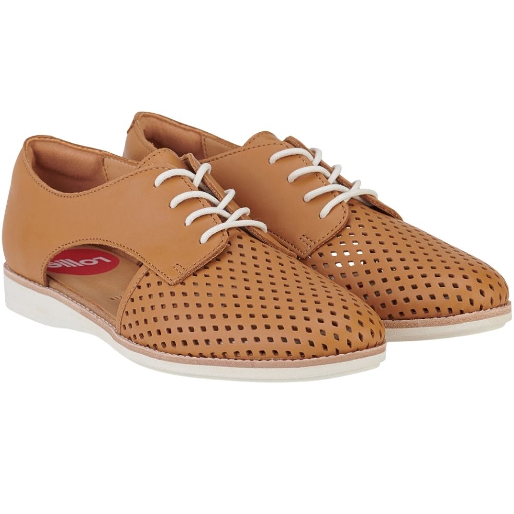 A pair of tan leather lace-up shoes with a perforated toe cap, cut-out side panels and a white sole, shown against a white background.