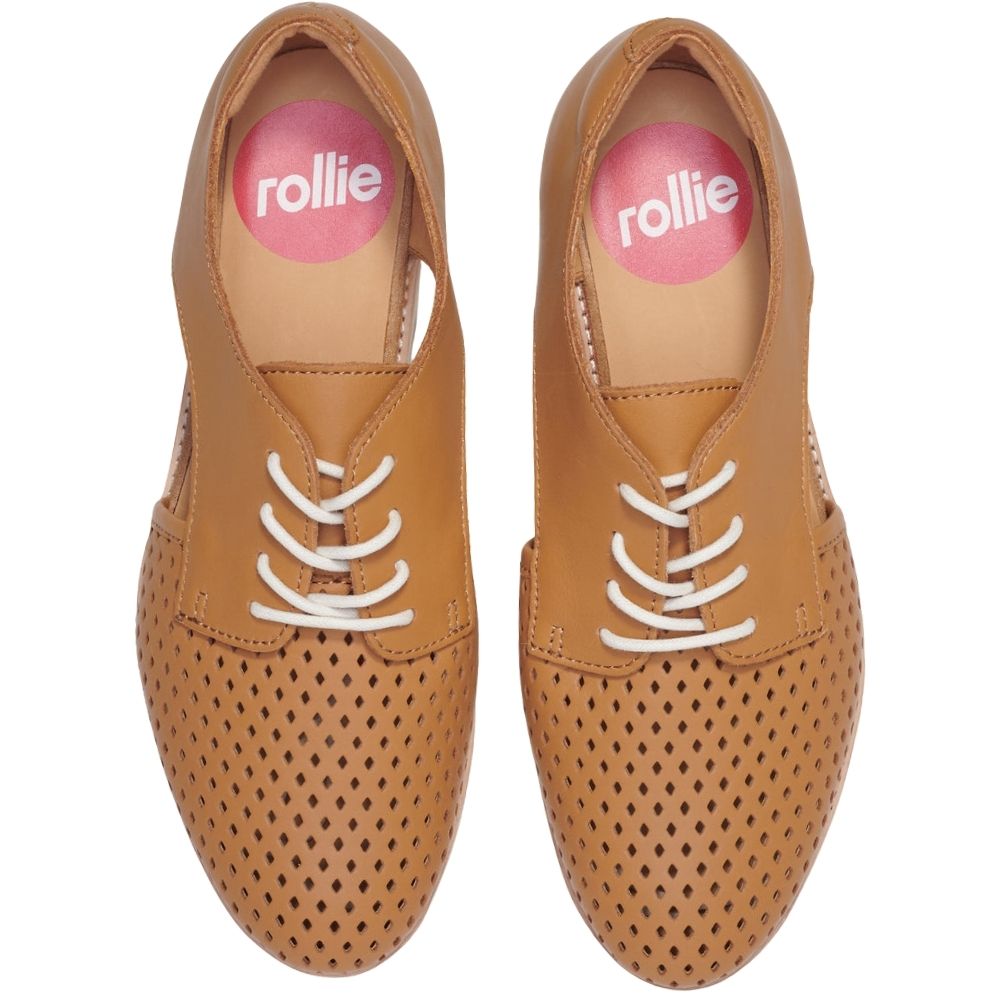A pair of tan leather lace-up shoes with a perforated toe cap, cut-out side panels and a Rollie brand label on the insole, shown against a white background.