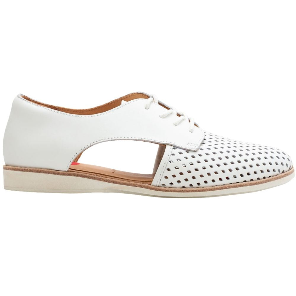 A white leather lace-up shoe with a cutout side panels and perforated detailing on the toe box, shown from a side profile on a white background.