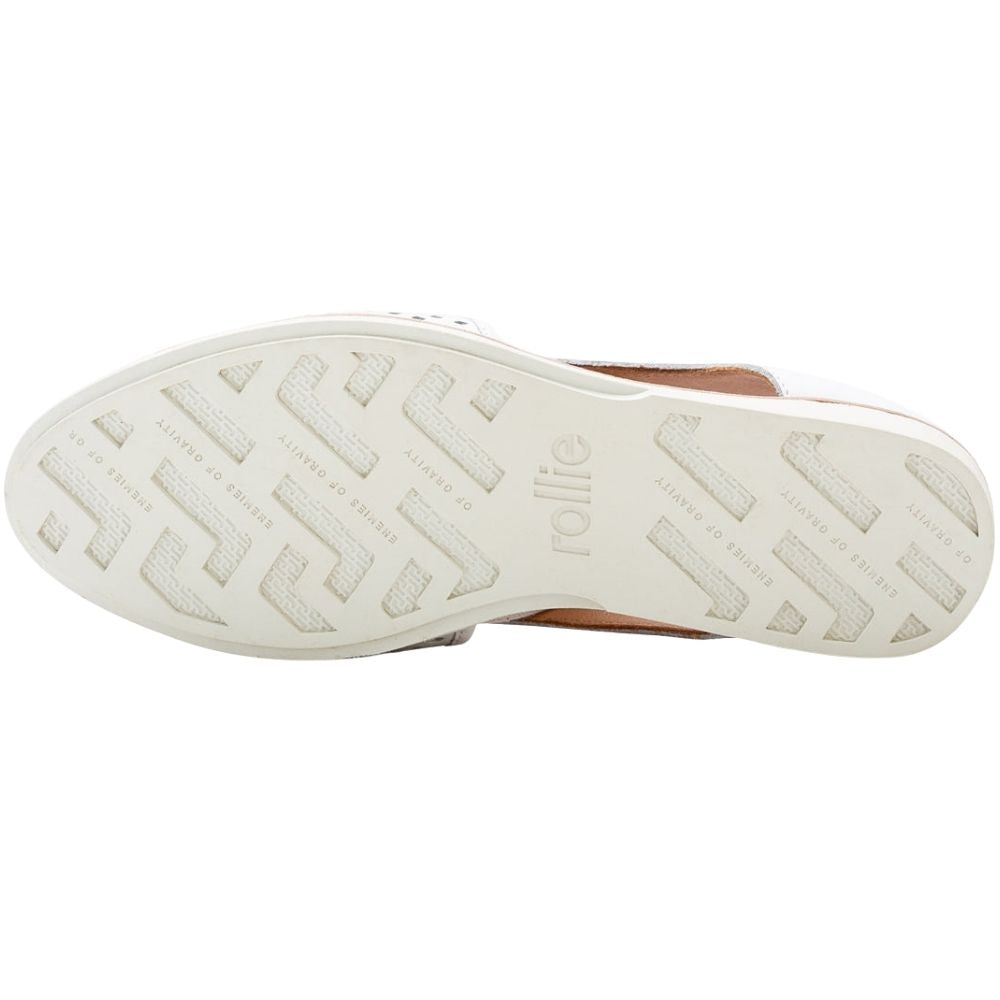 The bottom sole of a shoe, featuring a white treaded rubber outsole with the brand name 'rollie' embossed in the center, shown against a plain white background.