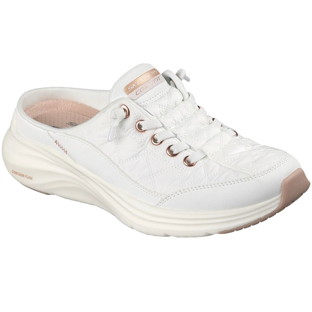 A white slip-on mule sneaker by SKECHERS featuring rose gold metallic details and a white sole, against a white background.