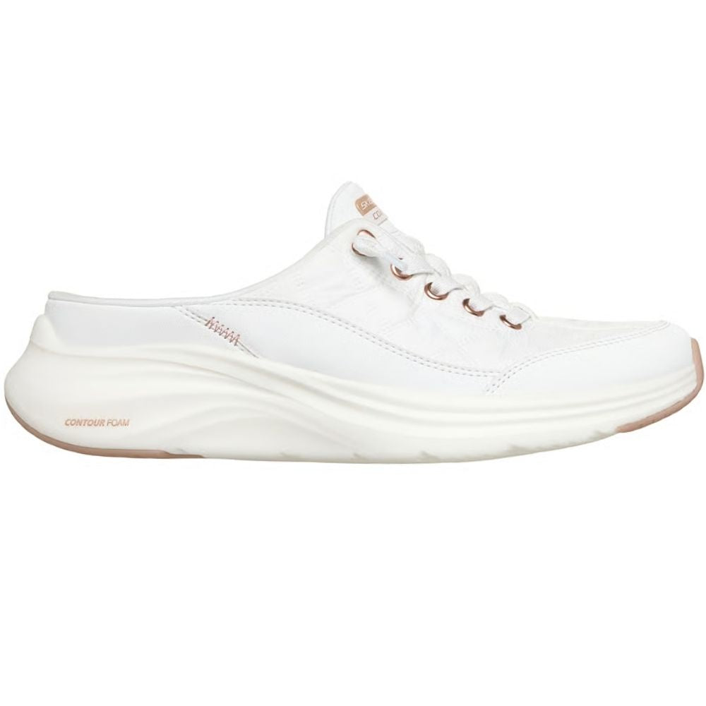 A white slip-on mule sneaker by SKECHERS featuring rose gold metallic details and a white sole, against a white background.