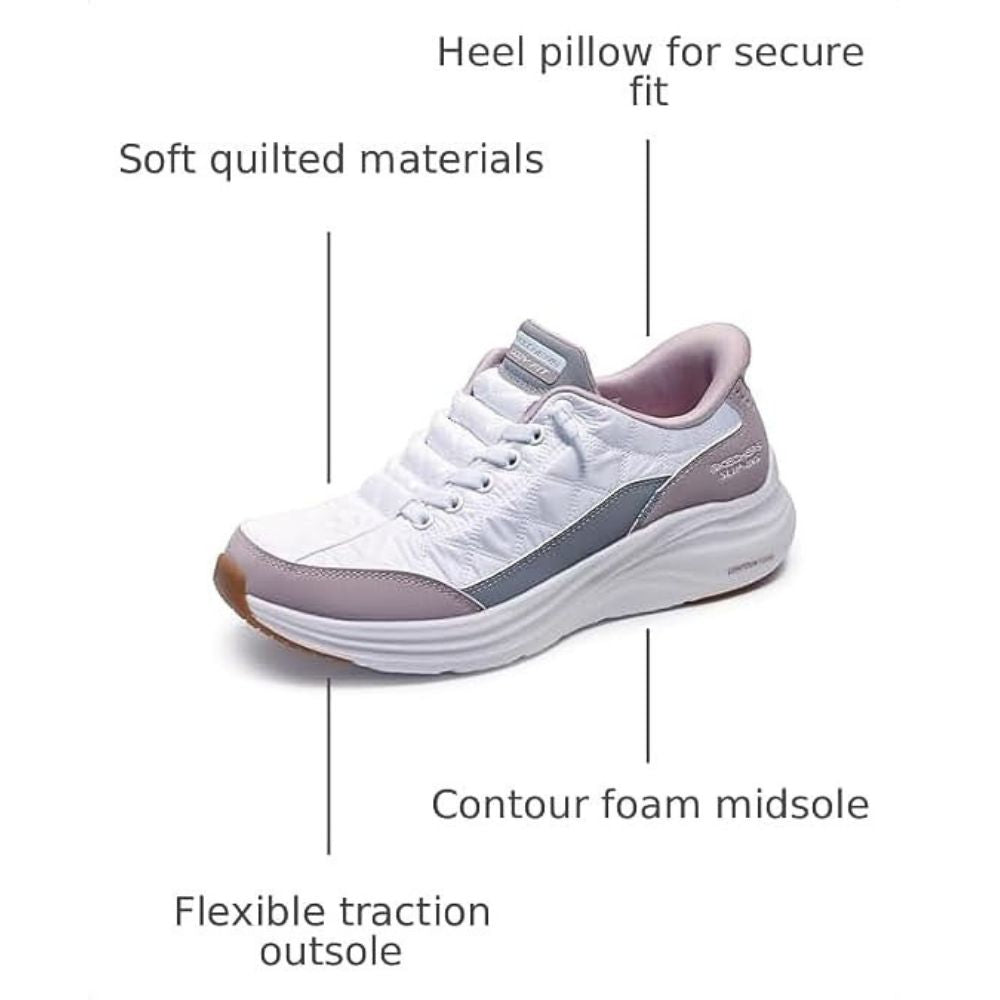 A white and gray athletic sneaker with callout lines and text labels highlighting features such as heel pillow, soft quilted materials, contour foam midsole, flexible traction outsole, and brown outsole edge.