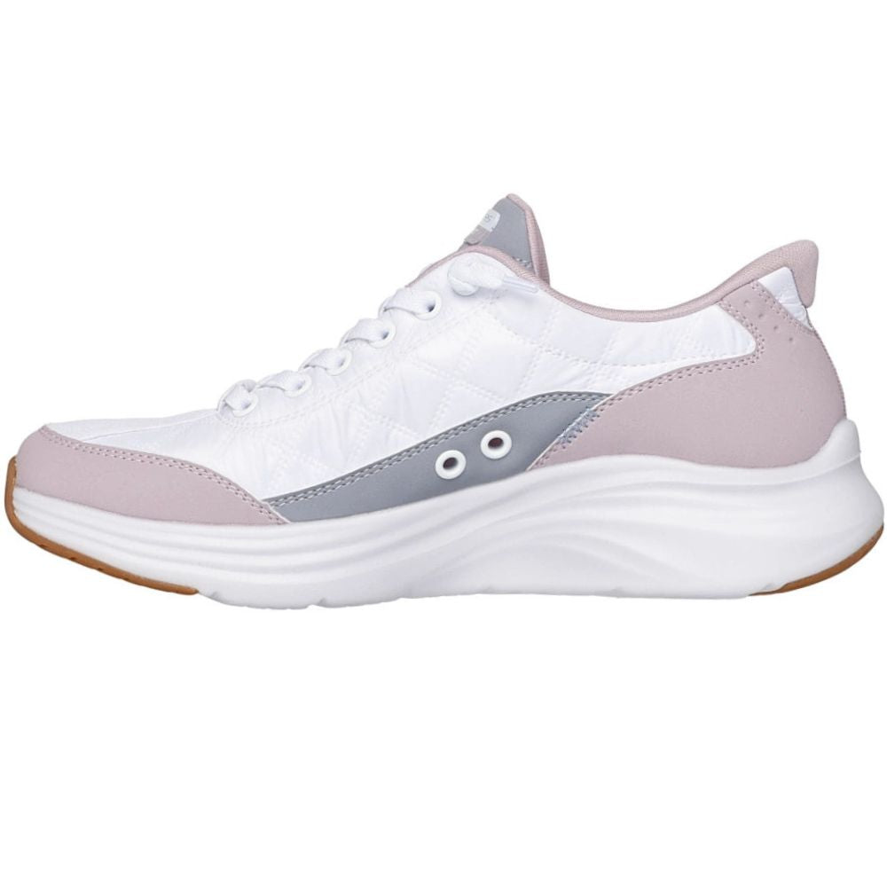 A women's athletic sneaker in white, light pink, and gray, shown from a side profile view against a plain white background.