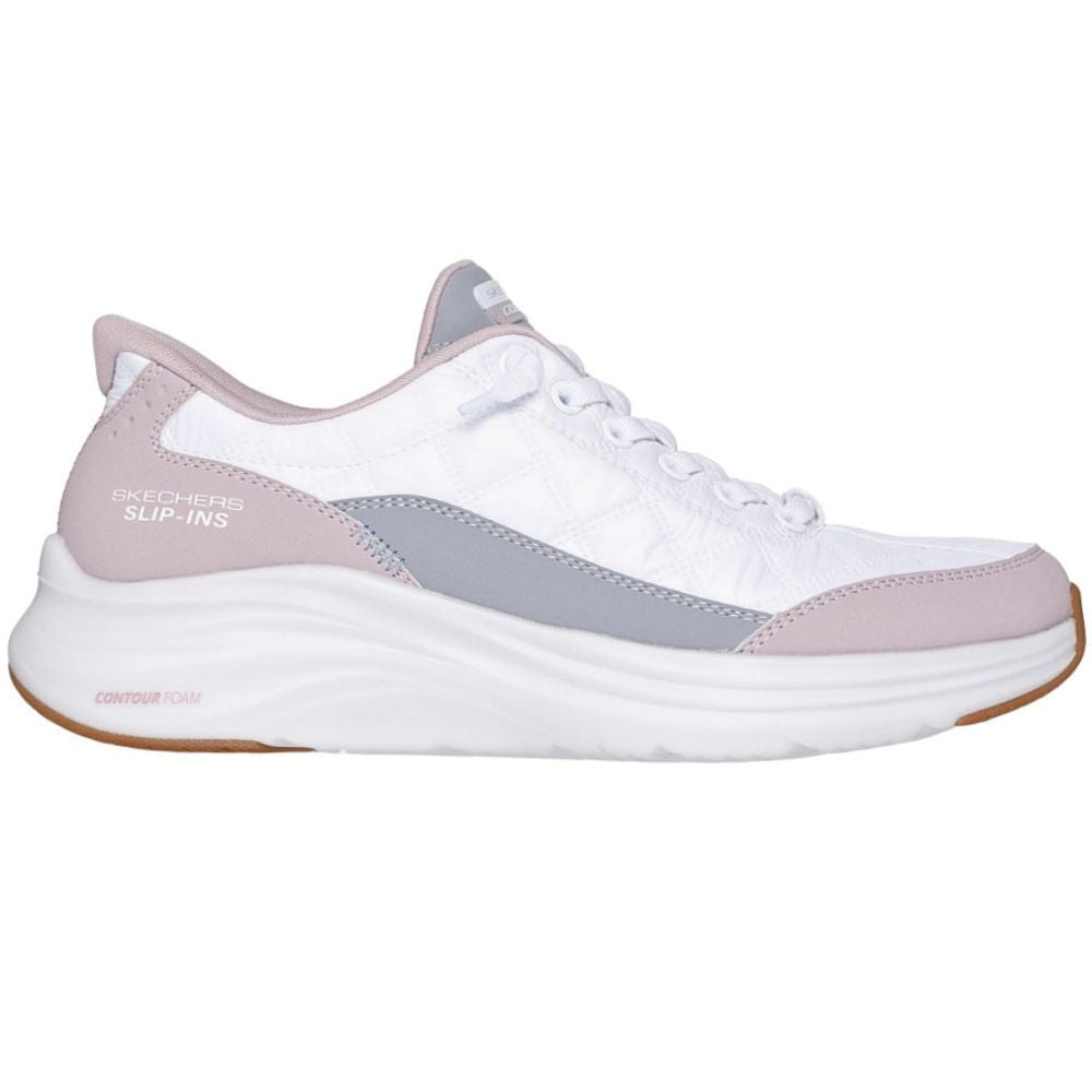 A white Skechers Slip-Ins sneaker with light pink and gray accents, shown in a side profile on a white background.