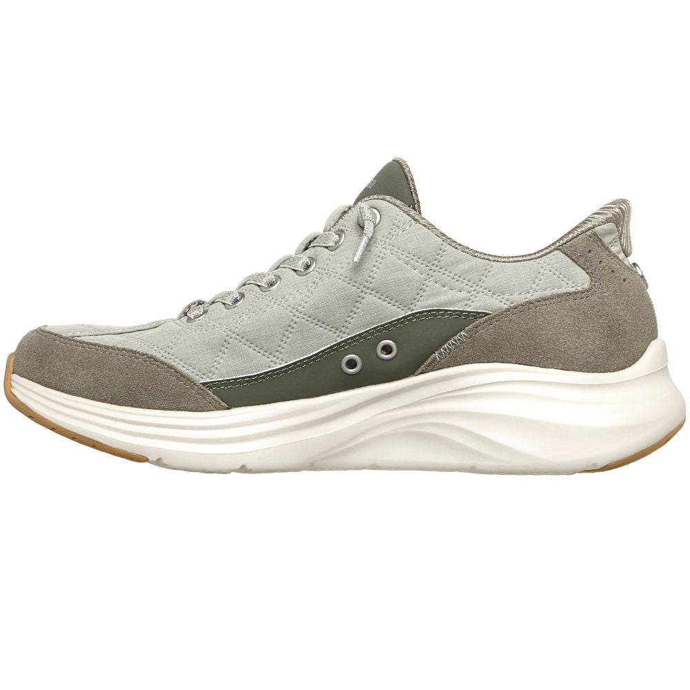 A sage athletic sneaker with a white outsole, shown from a side profile view on a white background.