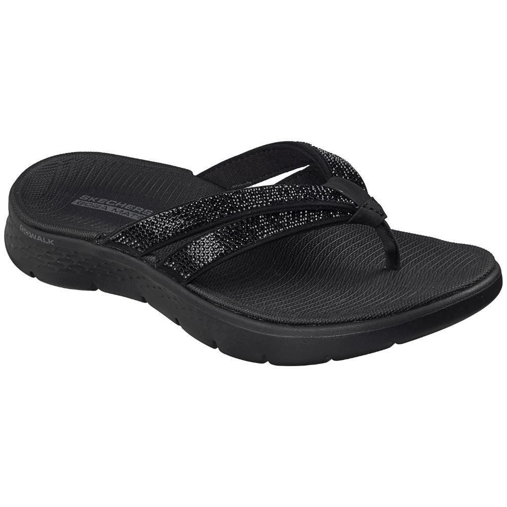 A single black flip-flop sandal with metallic black rhinestone embellished straps, shown in a side profile on a white background. The text 'GOWALK' is visible on the heel of the sole.