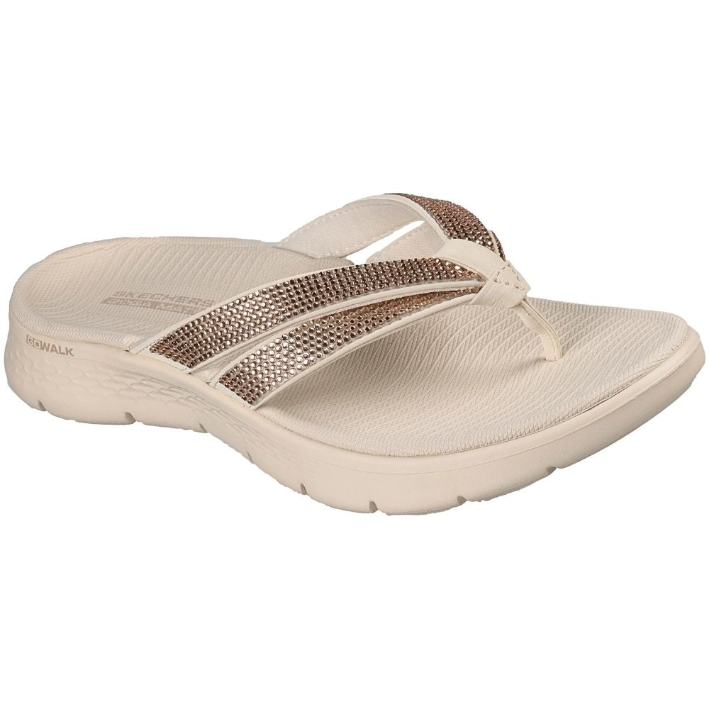A single beige flip-flop sandal with metallic rose gold rhinestone embellished straps, shown in a side profile on a white background. The text 'GOWALK' is visible on the heel of the sole.