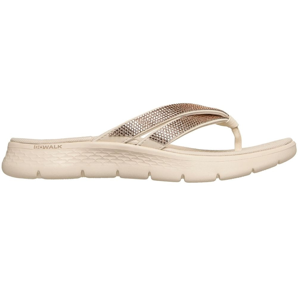 A single beige flip-flop sandal with metallic rose gold rhinestone embellished straps, shown in a side profile on a white background. The text 'GOWALK' is visible on the heel of the sole.