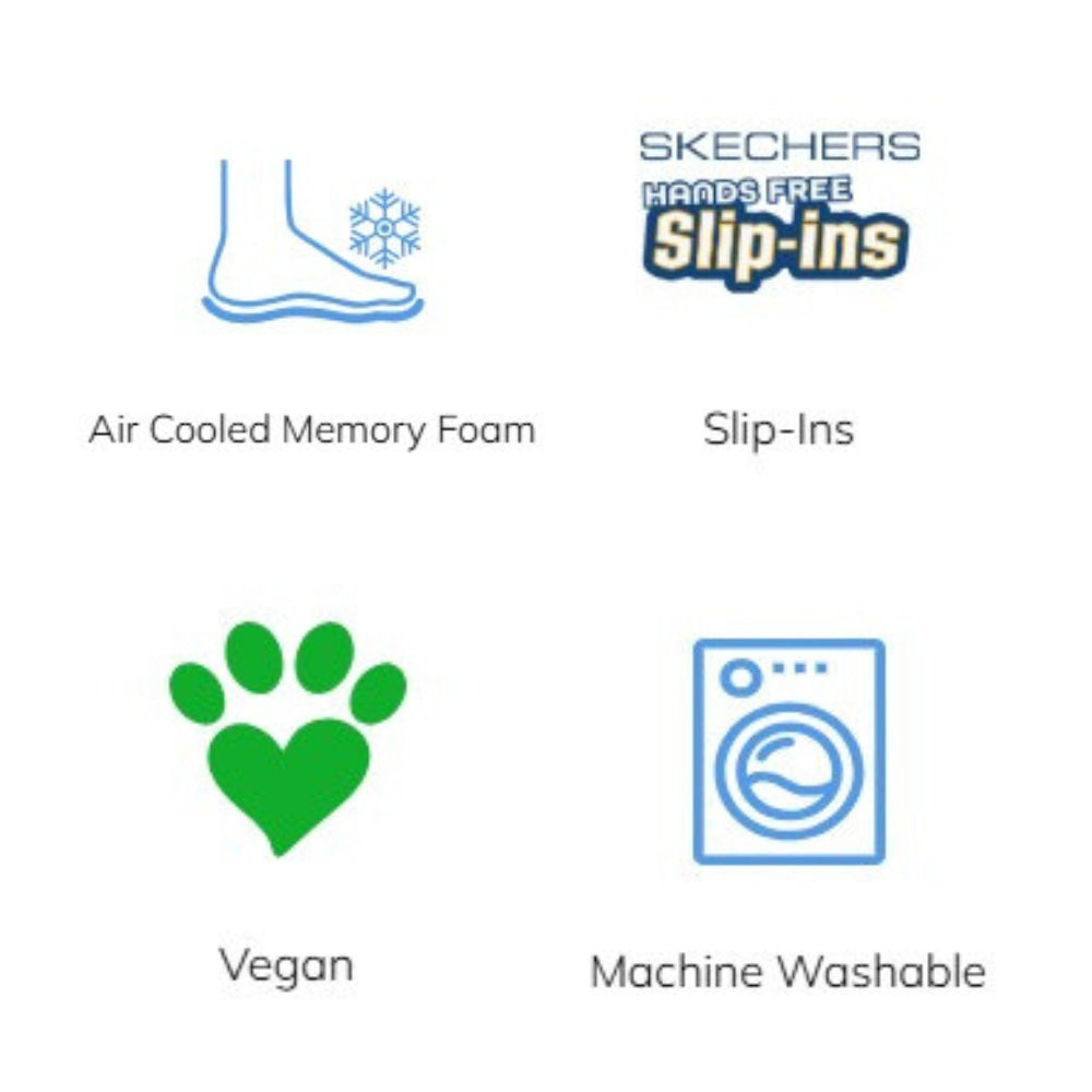 Skechers slip-ins feature card with icons and text highlighting features like air cooled memory foam, vegan, and machine washable.