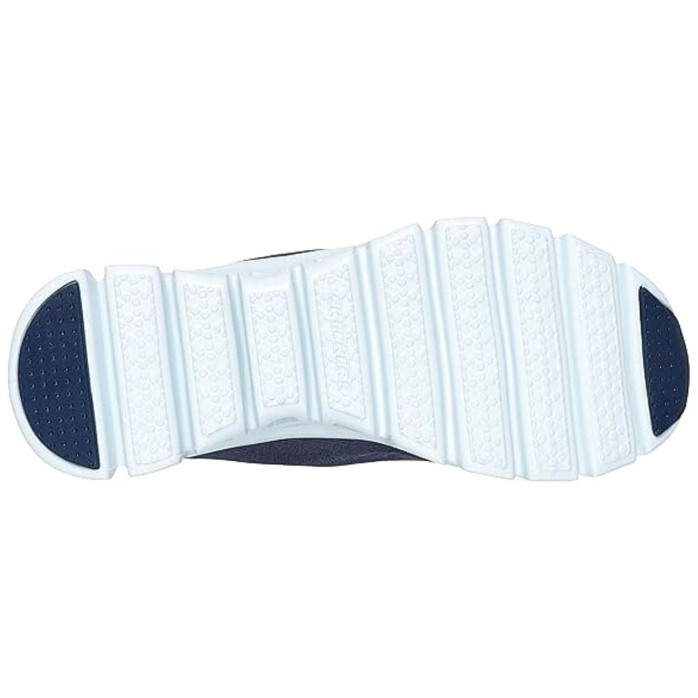 Close-up of a white shoe sole with blue accents on a white background