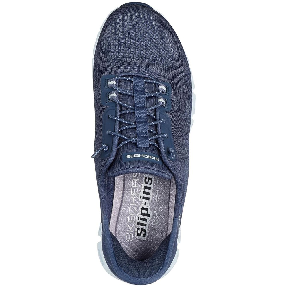 Navy sneaker with 'Skechers' branding on a white background