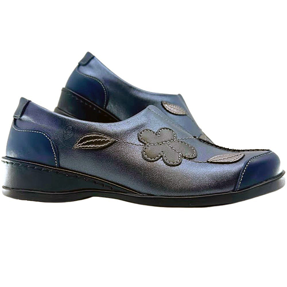 Pair of blue shoes with floral designs on a white background