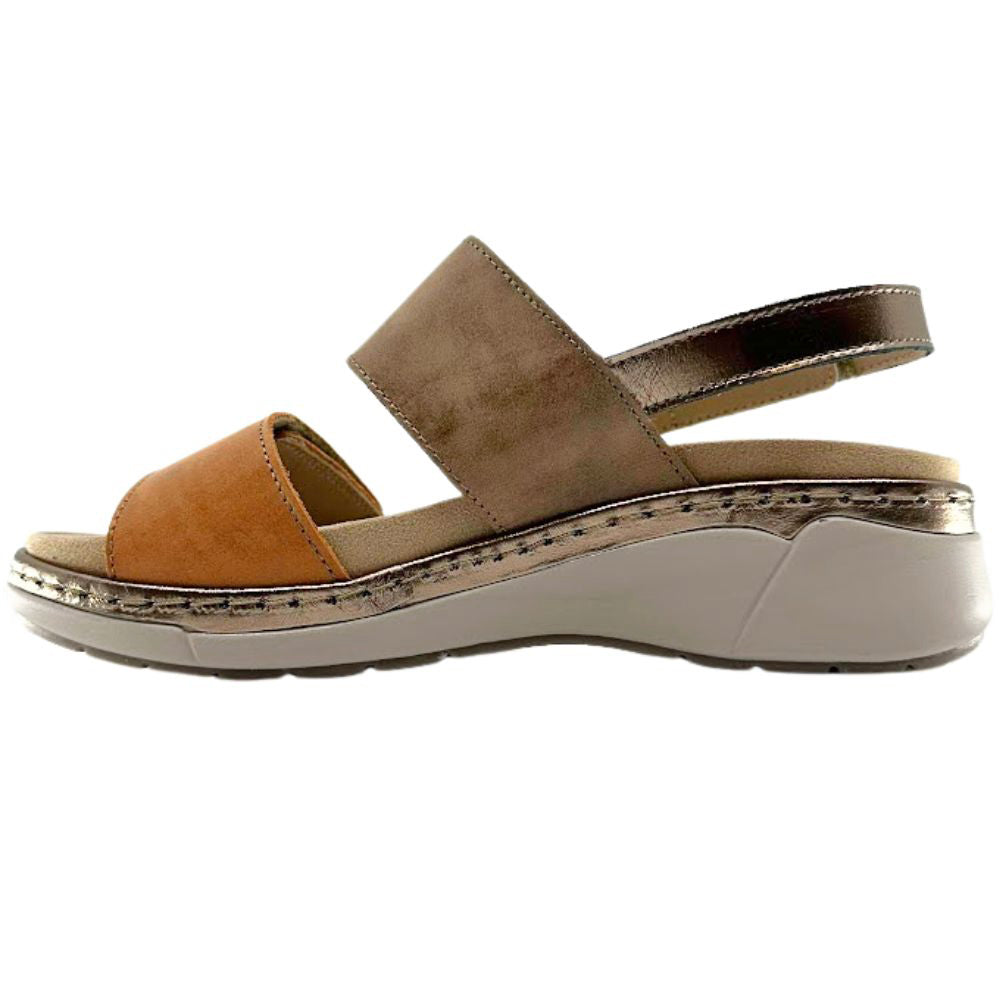 A women's wedge sandal with a tan leather strap across the toe, a taupe-brown wide strap, and a light gray wedge sole, shown in profile against a white background.