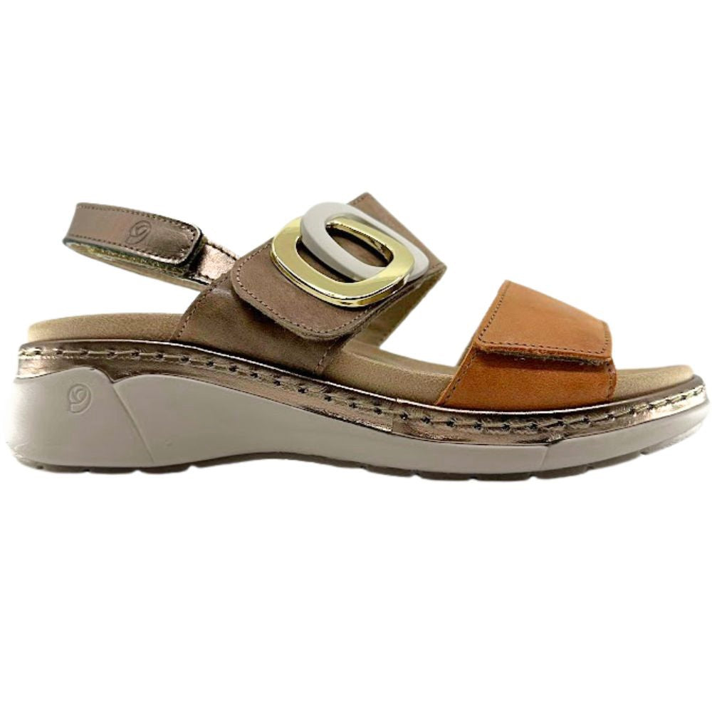 A women's platform wedge sandal in brown and tan with a metallic gold buckle detail, shown from a side profile on a white background.