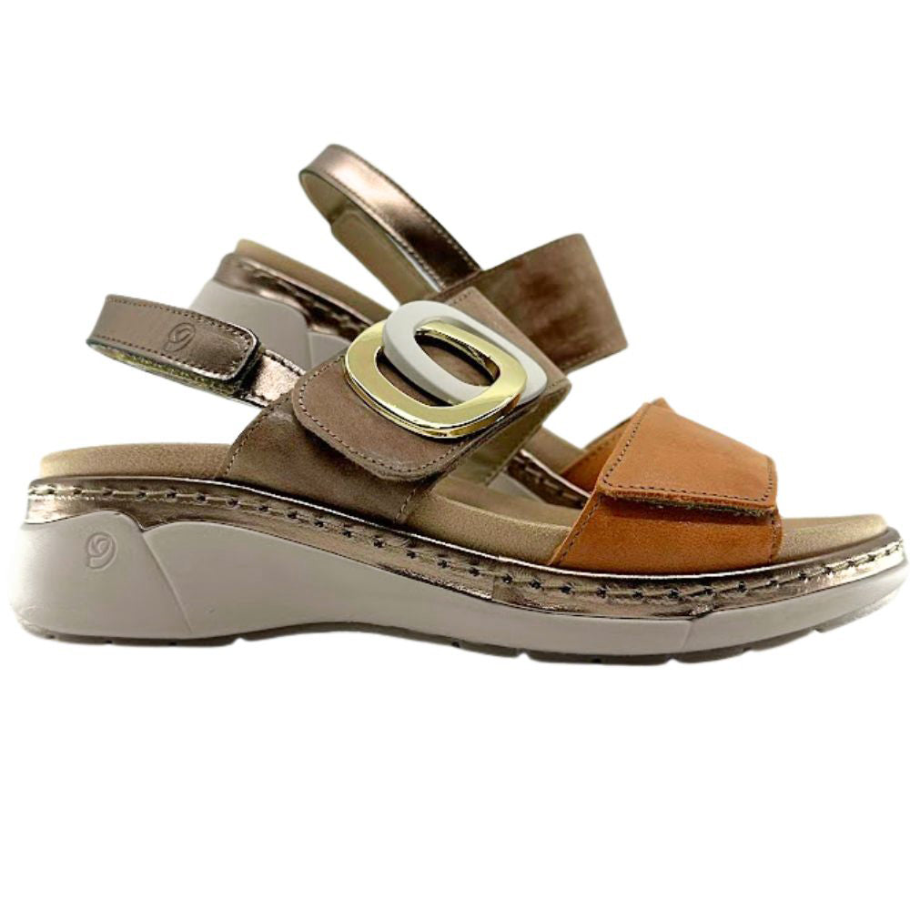 A women's platform sandal featuring metallic bronze straps, a tan leather toe strap, and a gold buckle closure, set against a plain white background.