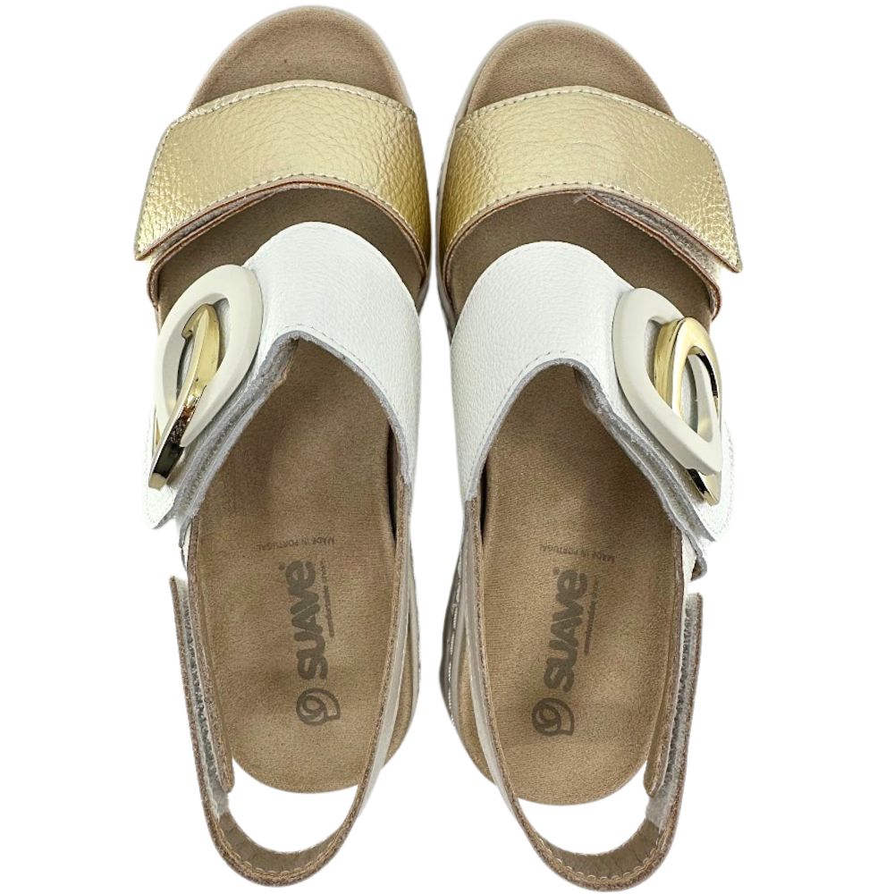 A pair of women's platform sandals by Suave, featuring a metallic gold textured upper strap, a wide cream leather strap with a gold buckle, and a tan insole.