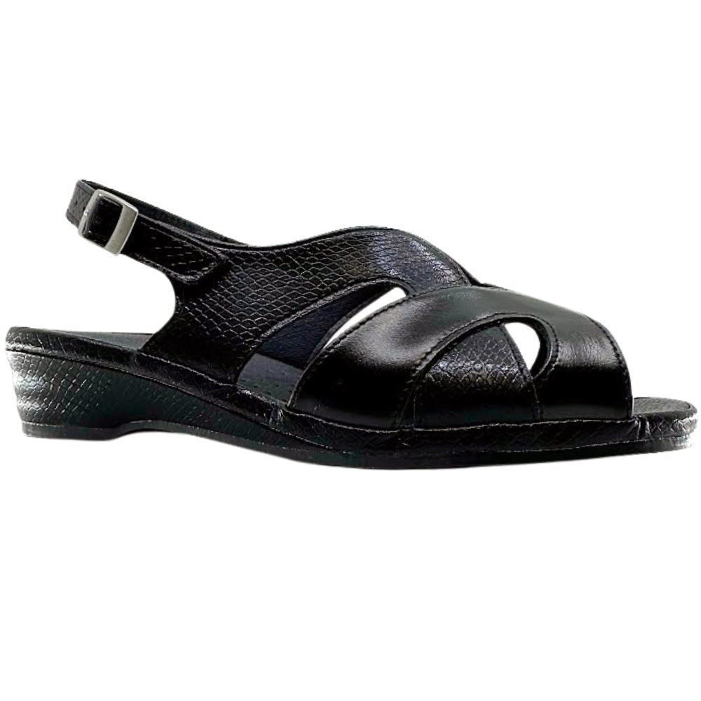 A single black leather sandal with cutout details, an adjustable ankle strap with a silver buckle, and a low wedge heel, shown against a plain white background.