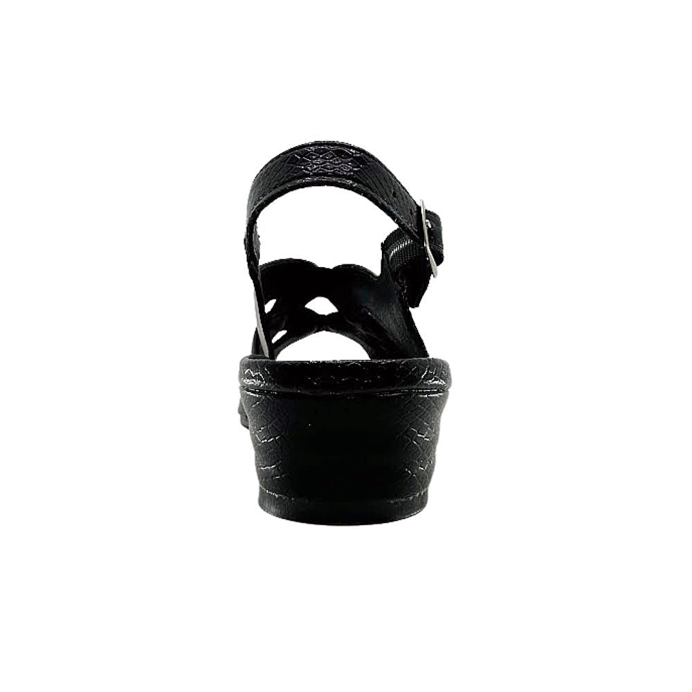A single black wedge sandal with an ankle strap and cutout design, shown from a rear three-quarter view against a plain white background.