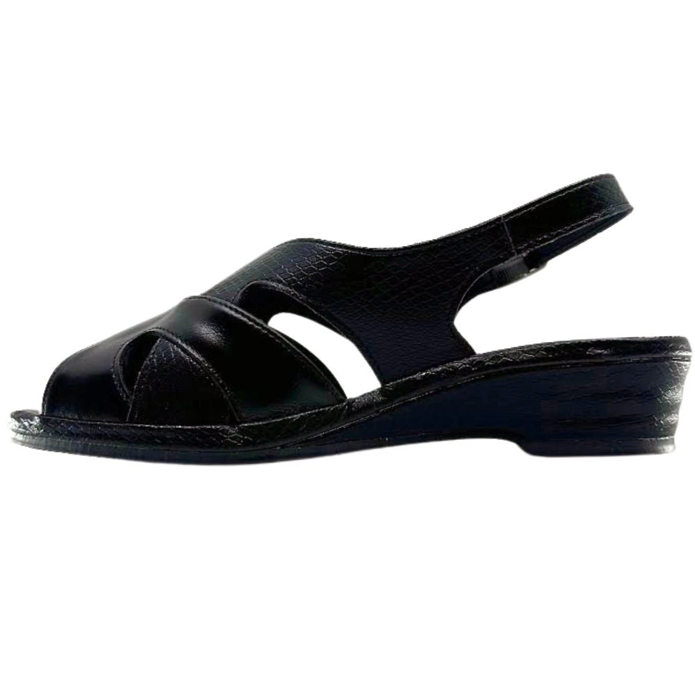 A single black leather wedge sandal with a slingback strap and peep toe, shown in profile against a plain white background.