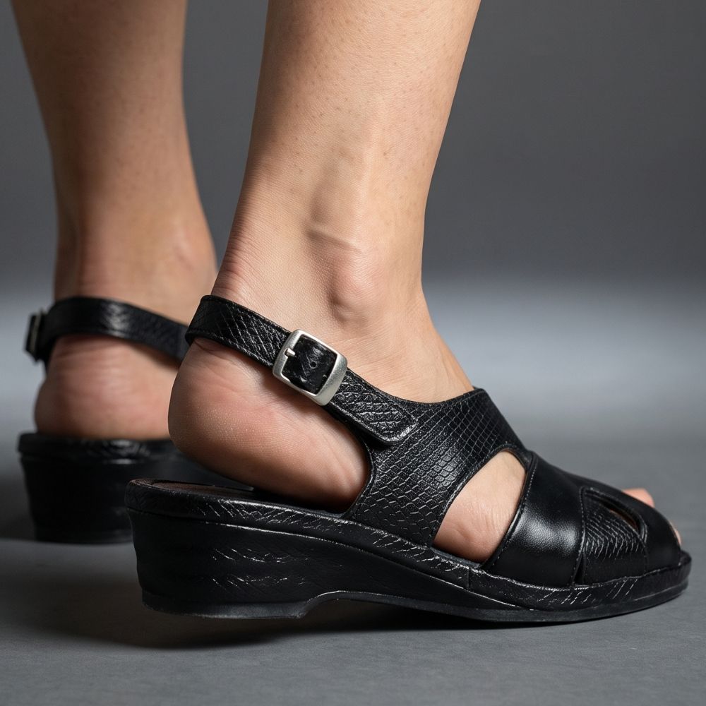 Black leather wedge sandals with peep toes and adjustable ankle straps, shown worn on a person's feet against a gray studio background.