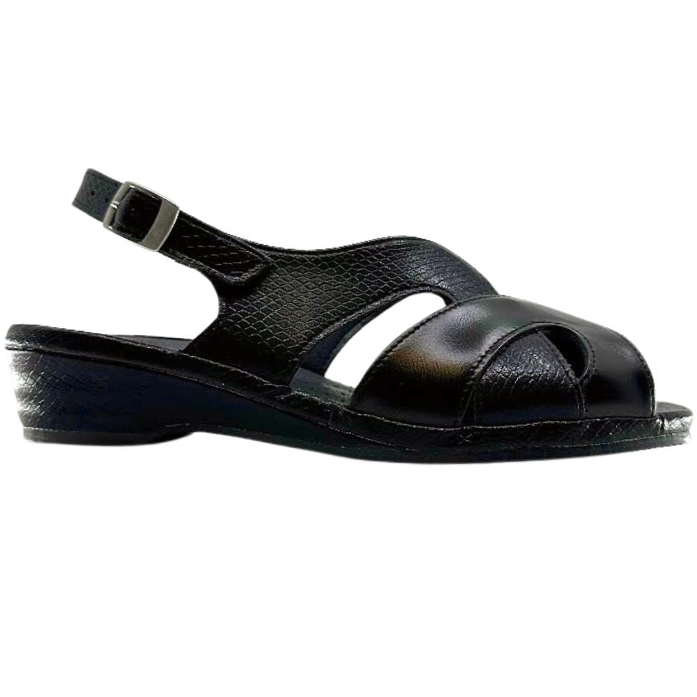 A single black leather sandal with a low wedge heel, peep toe, and adjustable ankle strap with a silver buckle, shown against a plain white background.