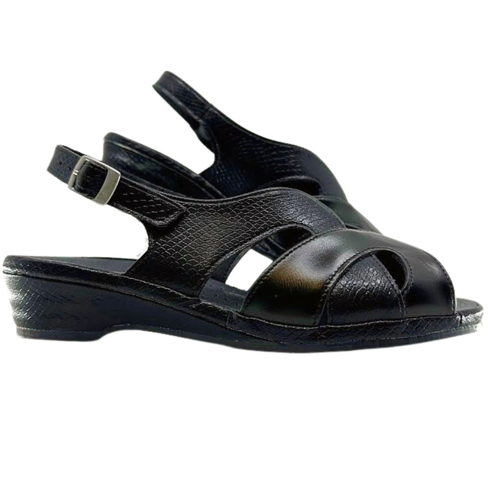 A pair of women's black leather wedge sandals with cutout details and adjustable ankle straps, shown against a plain white background.