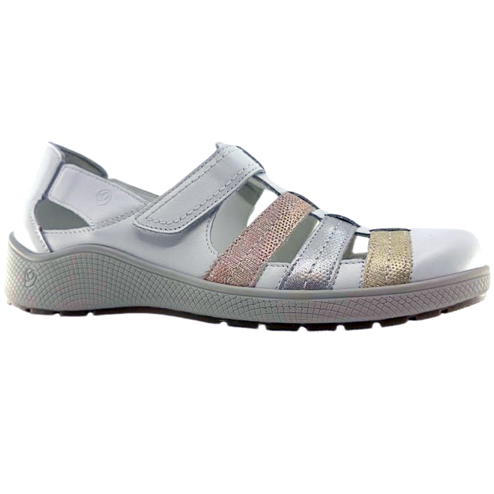 A women's white sandal with rose gold, silver and gold straps, shown against a plain white background.